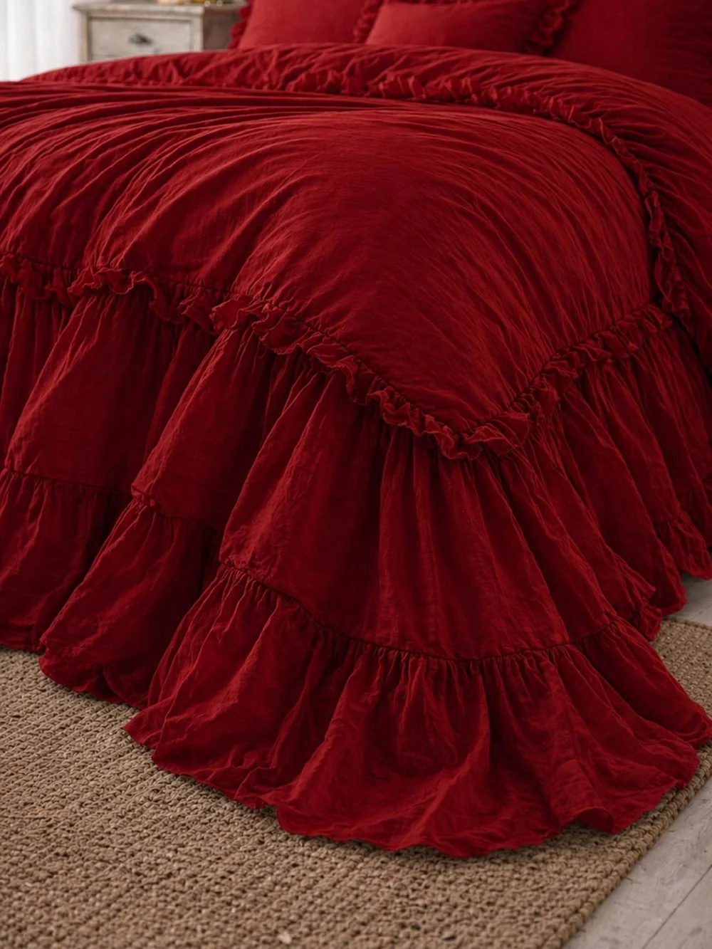 Elegant Ruffled Velvet Comforter Set in Deep Red